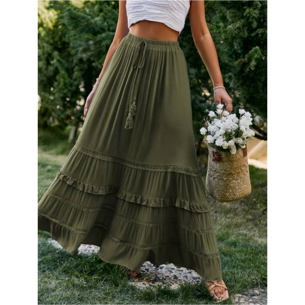 SHEIN | Simplee Casual Vacation Western Style Loose Flounce Hem Skirt, Green - Picture 4 of 10